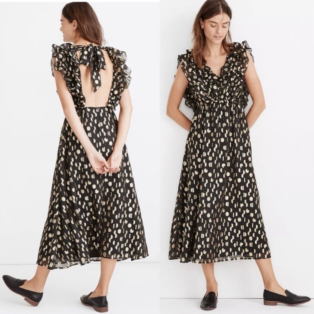 Madewell Black Metallic Clipdot Open Back Midi Dress Size 0 NWT Event Party Gala